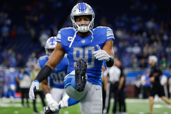Oct 31, 2021; Detroit, Michigan, USA; Detroit Lions outside linebacker Trey Flowers (90) warms up before the game against the Philadelphia Eagles at Ford Field. Mandatory Credit: Raj Mehta-USA TODAY Sports